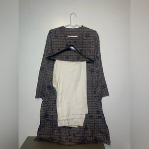 Mens Plaid Kurta with White Pants
